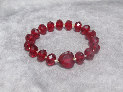 Handmade Red Faceted Glass Beaded Stretch Bracelet with Heart and Gold Beads