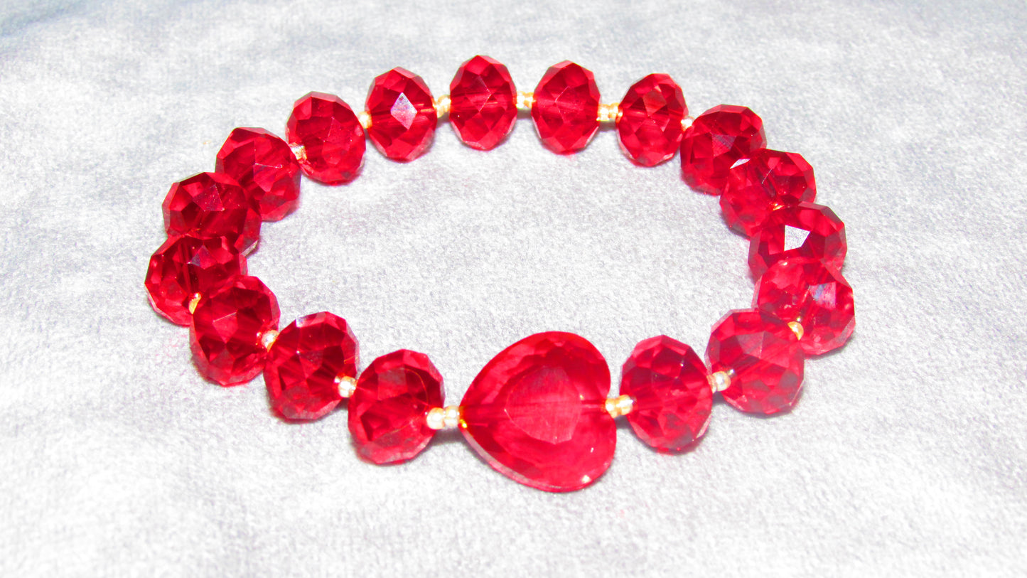 Handmade Red Faceted Glass Beaded Stretch Bracelet with Heart and Gold Beads