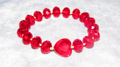 Handmade Red Faceted Glass Beaded Stretch Bracelet with Heart and Gold Beads