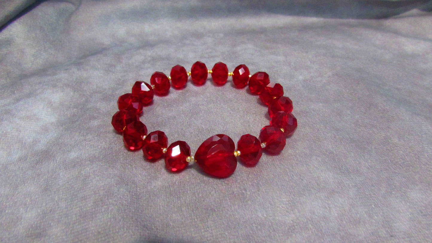 Handmade Red Faceted Glass Beaded Stretch Bracelet with Heart and Gold Beads