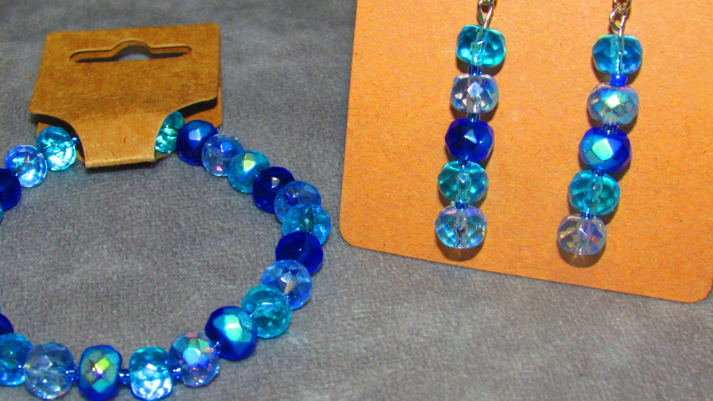 Handmade Stretch Multi-colored Blue Iridescent Glass Beaded Bracelet and Earring Set