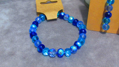 Handmade Stretch Multi-colored Blue Iridescent Glass Beaded Bracelet and Earring Set