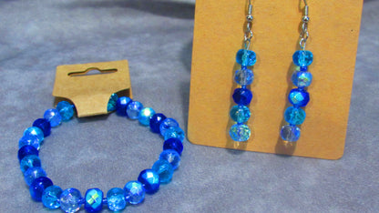 Handmade Stretch Multi-colored Blue Iridescent Glass Beaded Bracelet and Earring Set