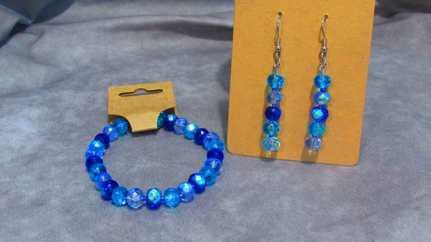 Handmade Stretch Multi-colored Blue Iridescent Glass Beaded Bracelet and Earring Set