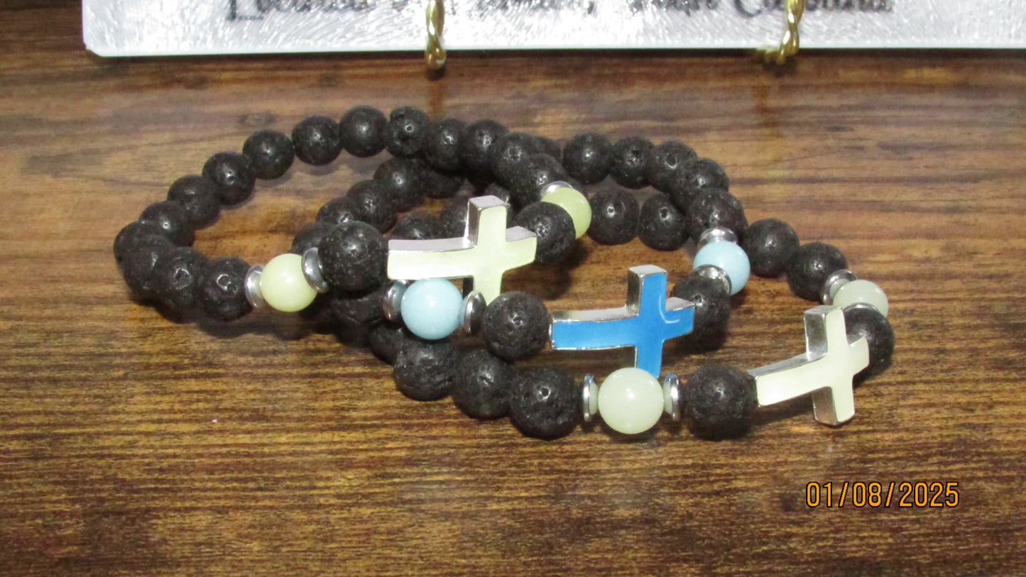 Cross Volcanic Stone Beaded Stretch Glow-in-the-Dark Bracelet for Men & Women