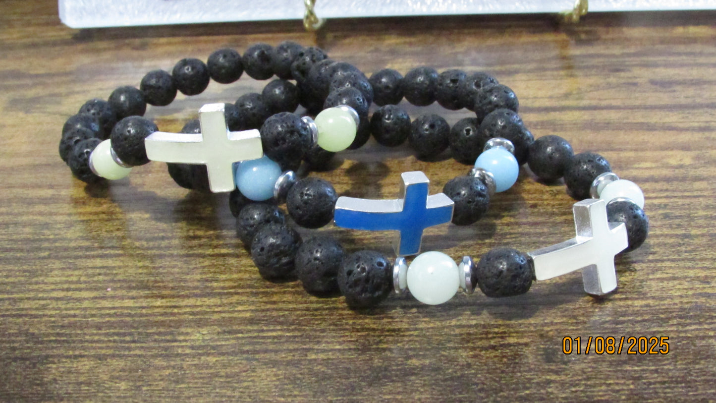 Cross Volcanic Stone Beaded Stretch Glow-in-the-Dark Bracelet for Men & Women