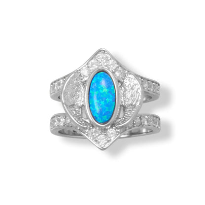 Rhodium Plated Sterling Silver Double Band CZ Angel Wing Ring with Blue Opal Stone, Size 5