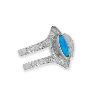 Rhodium Plated Sterling Silver Double Band CZ Angel Wing Ring with Blue Opal Stone, Size 5