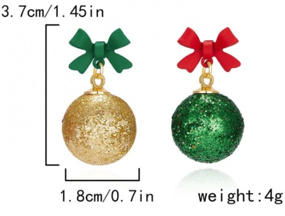 Christmas Asymmetric Earrings Red & Green Glitter Ball