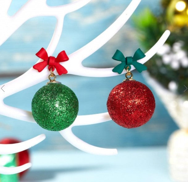 Christmas Asymmetric Earrings Red & Green Glitter Ball