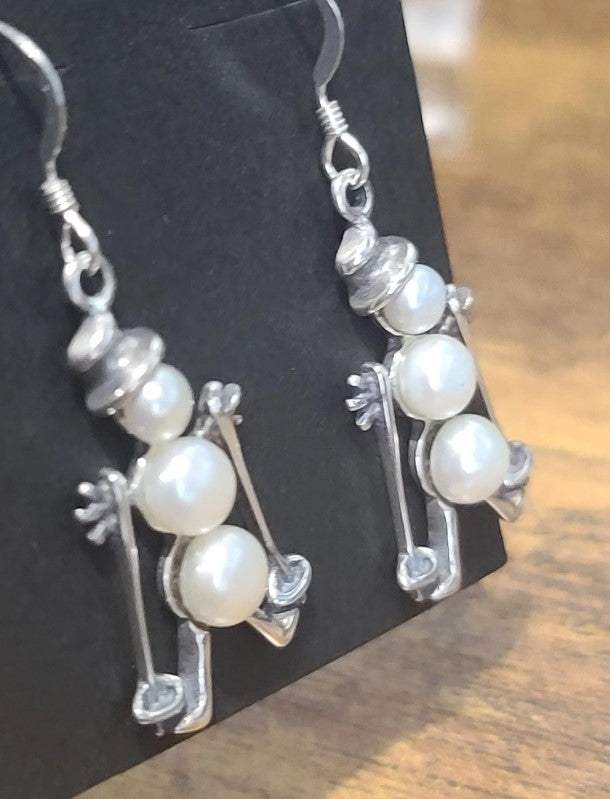 Handcrafted Sterling Silver Cultured Freshwater Pearl Skiing Snowman Earrings