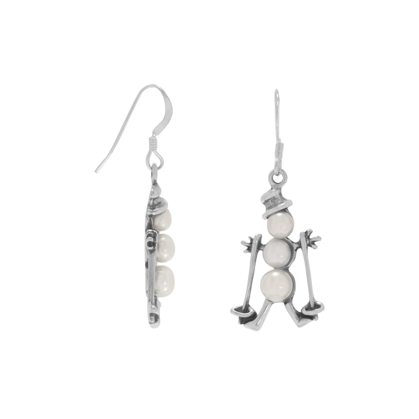 Handcrafted Sterling Silver Cultured Freshwater Pearl Skiing Snowman Earrings