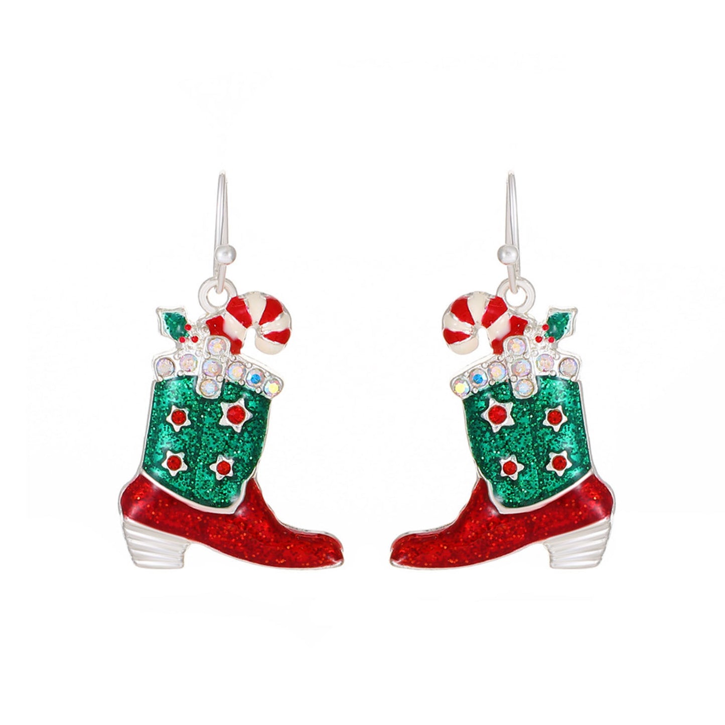 Silver Tone Christmas Cowgirl Boot Earrings