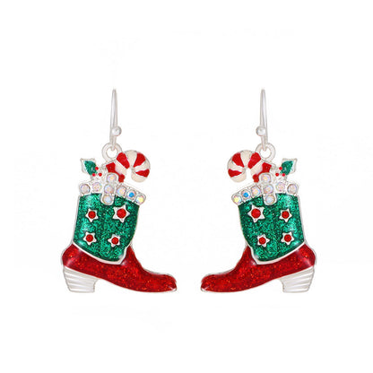 Silver Tone Christmas Cowgirl Boot Earrings