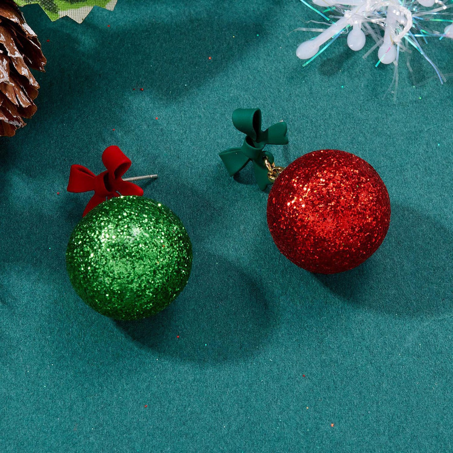 Christmas Asymmetric Earrings Red & Green Glitter Ball