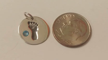 Sterling Silver Baby Boy Footprint Charm with Blue Crystal