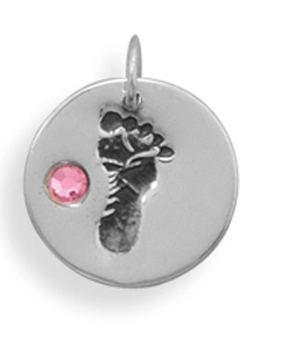 Sterling Silver Baby Girl Footprint Charm with Pink Crystal