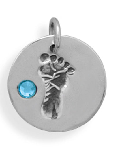 Sterling Silver Baby Boy Footprint Charm with Blue Crystal