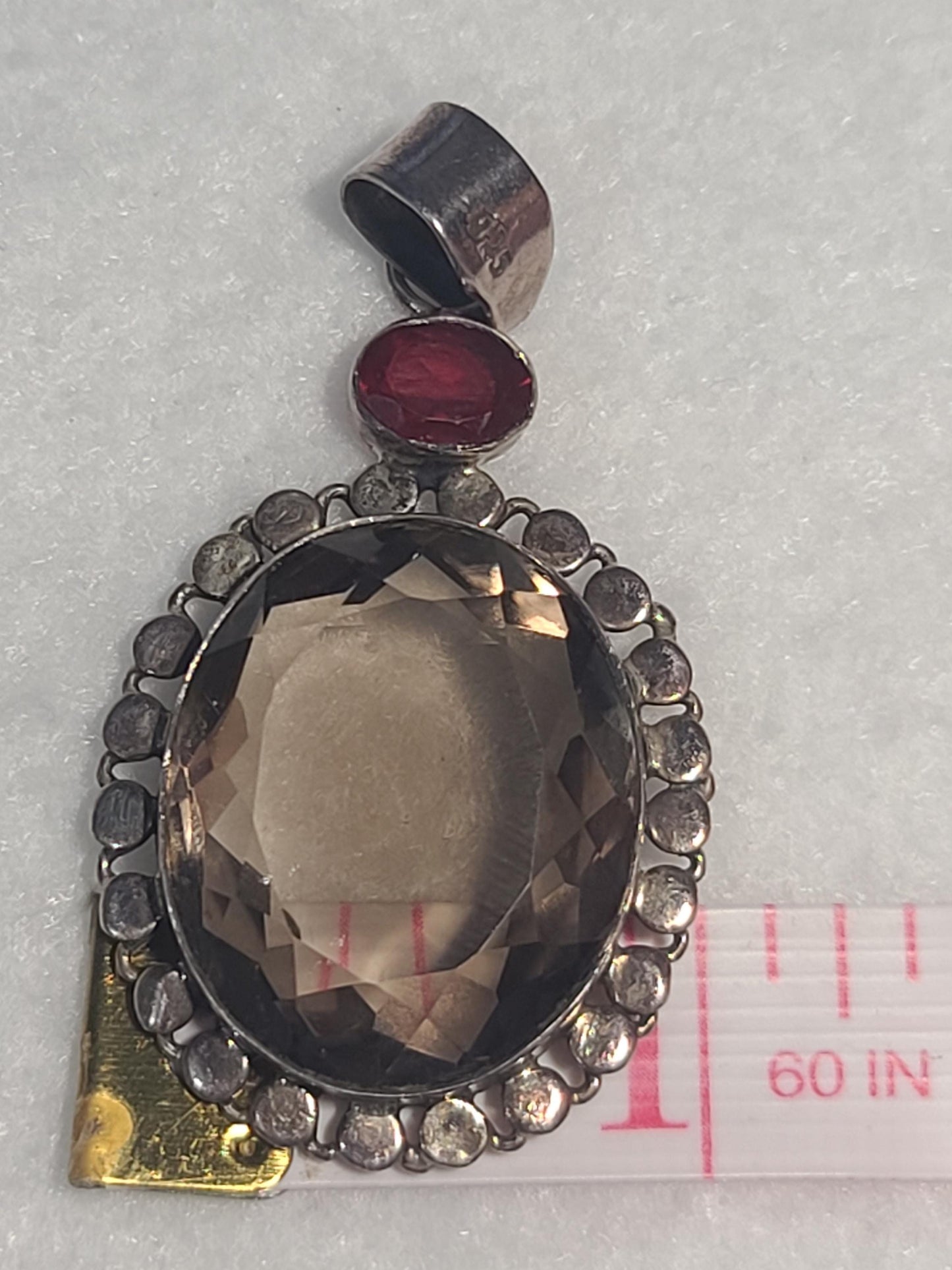 Vintage Sterling Silver, Smoky Quartz, and Garnet Pendant