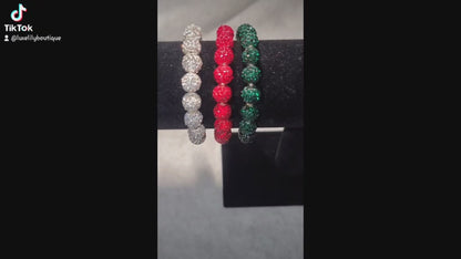 Three Strand Set of Christmas Bling Handmade Stretch Beaded Bracelets - Red, Green, Silver